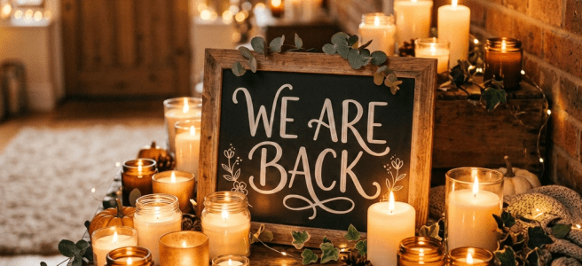 Wooden framed chalkboard sign saying 'We Are Back' surrounded by lit candles on a wooden table