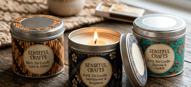 Three Senseful Crafts batik tin candles labeled Spice & Amber, Sandalwood & Bergamot, Jasmine & Orchid, one candle lit